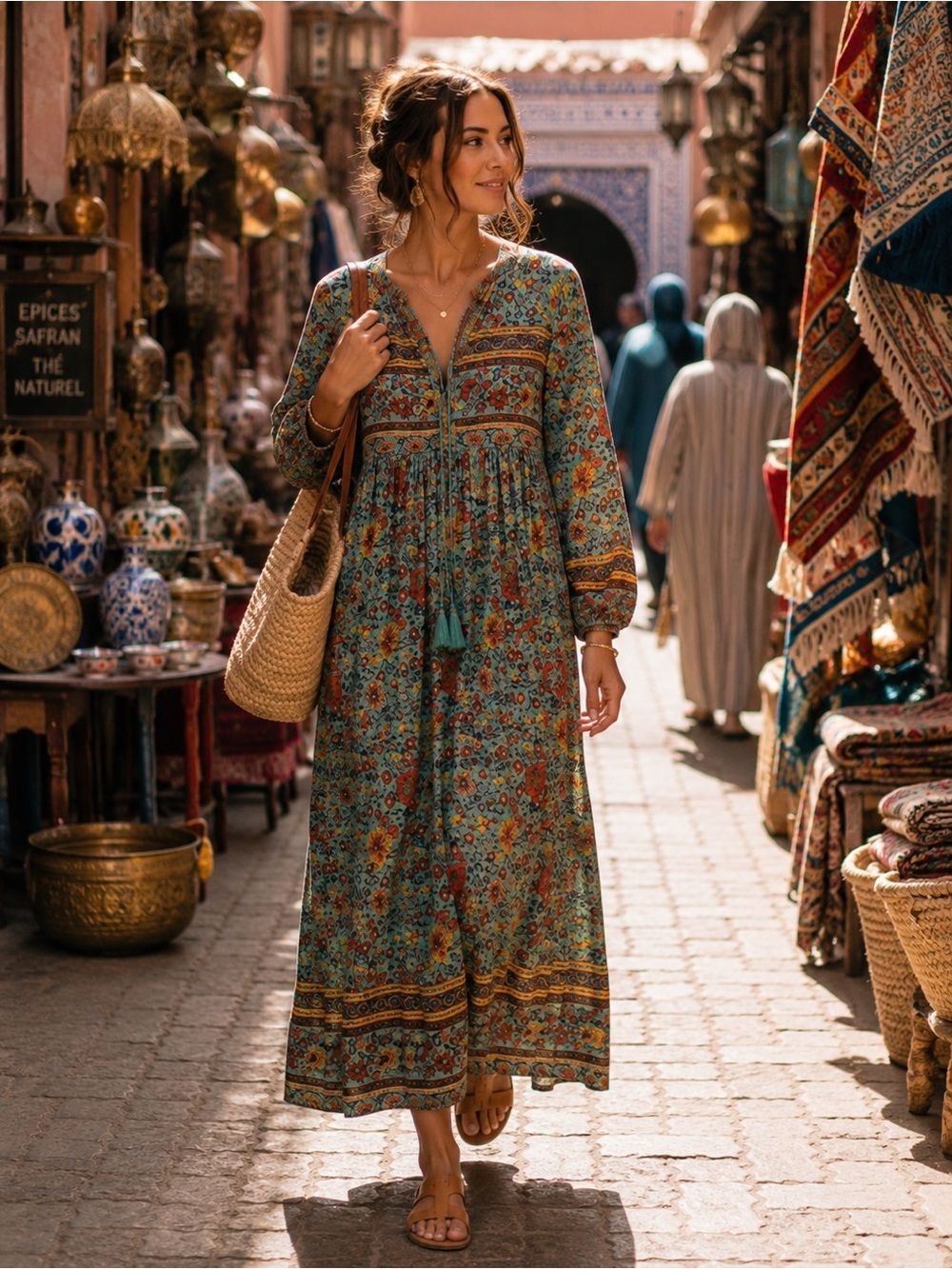 R Vivimos Floral Boho Maxi Dress Teal Rust NWT Small Oversized